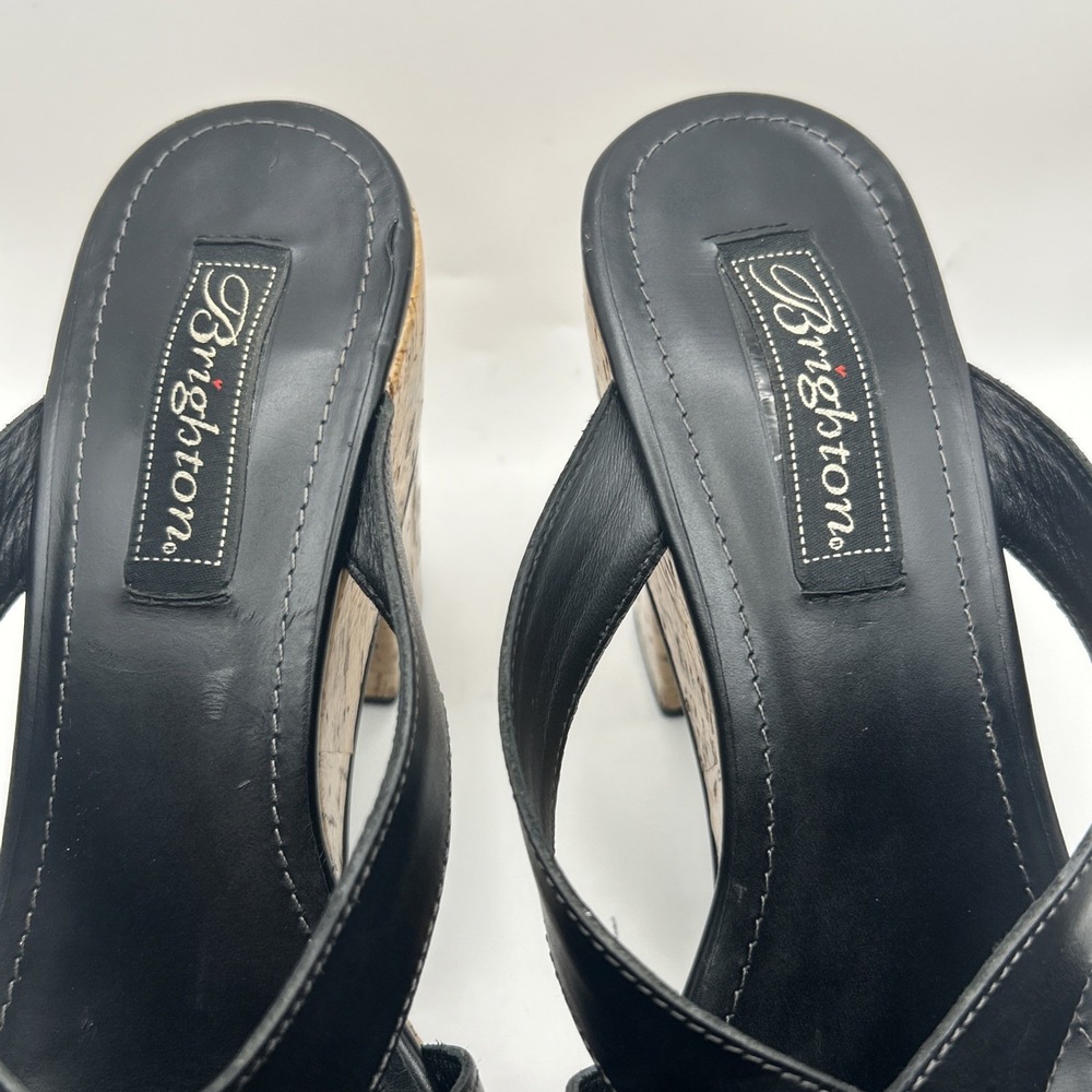 Brighton Black Leather Cork Wedge Sandals Silver Buckle Heels Size 8.5M Brazil - Picture 7 of 8